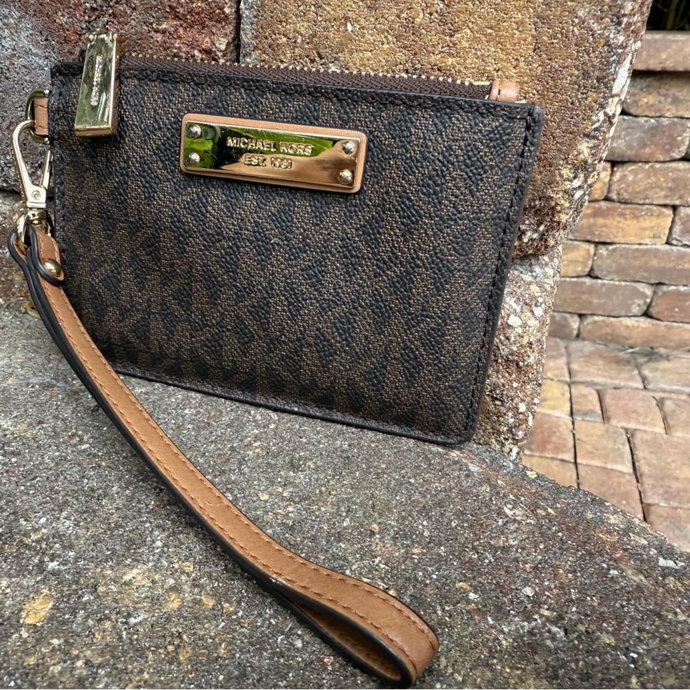 Michael Kors Signature Brown Wristlet with Gold Accents
